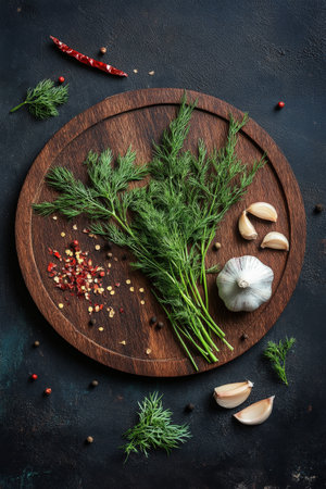 A circular wooden board with sprigs of dill, crushed red pepper, and garlic, all arranged on a rich dark backdrop, perfect for a modern and elegant top-view menu design.の素材