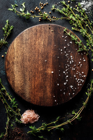 Empty wooden round board surrounded by fresh thyme, pink Himalayan salt, and a sprinkle of mustard seeds, laid on a dark background, offering a fresh look for menu design.の素材