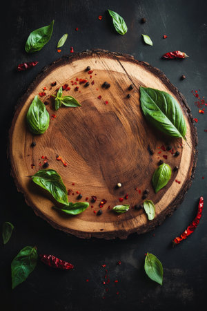 A circular wooden board with vibrant sprigs of basil, chili flakes, and cracked black pepper encircling the edges, set against a dark background for a minimal yet dynamic menu design.の素材