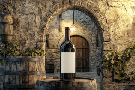 A wine bottle mockup with a blank label resting on an old wooden barrel, set in a rustic winery with stone walls and arched doorways, evoking the atmosphere of a castle-like building.の素材