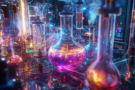 A complex hyperbolic glass chemistry apparatus, filled with glowing colored liquids, plasma arcs swirling around, and a maze of glass tubes emitting thin wisps of smoke, creating a futuristic lab scene.の素材