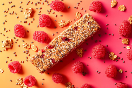 Granola bars surrounded by levitating raspberries and chia seeds. The bright colors and textures fill the frame, creating a sense of energy and movement in the product photography.の素材
