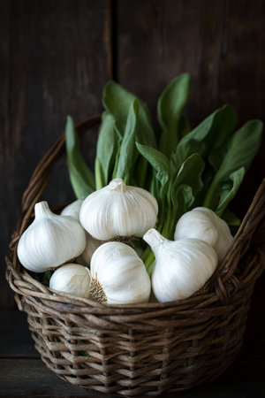 A rustic basket of organic garlic bulbs, their pale skins and green leaves contrasted against a dark wood background, showing the natural beauty of this versatile vegetable.の素材
