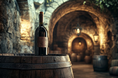 A simple wine bottle mockup on a rustic barrel, with stone archways and antique lanterns casting a warm glow in a winery resembling an old European castle.の素材
