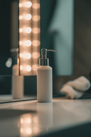 A white lotion pump bottle sitting on the bathroom mirrorÃ¢â¬â¢s edge, from a low viewpoint, making it appear large and important, with subtle bathroom lighting adding a luxurious feel.の素材