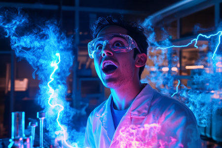 A young Hispanic scientist in a neon-lit laboratory, astonished by the results of an experiment, with bright bolts of lightning and swirling smoke adding to the moment of success.の素材