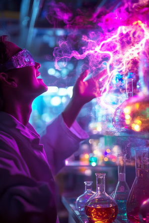 A young Brazilian scientist, holding up their hands in amazement, as lightning crackles through the vibrant lab filled with colorful liquids and swirling smoke, signifying a groundbreaking discovery.の素材
