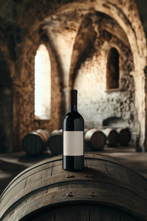 A wine bottle mockup with a minimalist label resting on an old barrel, set within a majestic winery resembling a castle, complete with high stone walls and arched windows.の素材