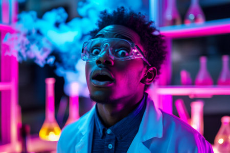 A young African American scientist, overwhelmed with surprise, in a neon-lit lab with flashes of lightning and plumes of smoke, standing in front of colorful experiments gone right.の素材