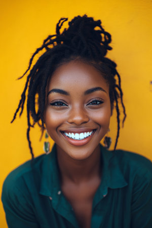Smiling young adult Black woman, bright eyes and natural expression, casual attire, colorful yellow background, designed for a social media avatar.の素材