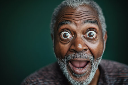 Middle-aged African American granddad with wide, expressive eyes full of surprise and happiness, set against a dark green background, creating a dramatic contrast.の素材
