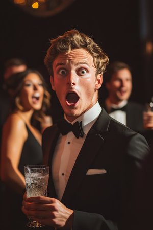 Young adult Caucasian man in a sleek black suit, looking shocked while holding a drink, other guests in the background celebrating.の素材