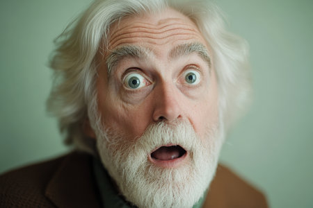 Close-up portrait of a senior Caucasian granddad with wide, curious eyes, his silver hair and beard framing his joyful surprise, set against a light green background.の素材