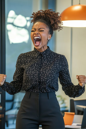 Young adult African American woman standing in a modern office, screaming in anger after losing a fortune, luxury decor and tech devices around.の素材