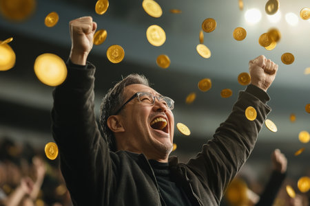 Middle-aged Japanese man with hands in the air, joyfully shouting as gold coins fly around him in the football stands.の素材