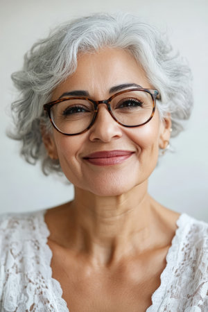 Candid smiling senior Hispanic woman, soft expression with glasses, white background, joyful and elegant for a social media profile.の素材
