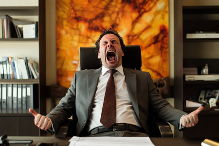 Middle-aged Caucasian man in a sleek, opulent office, yelling loudly, face red with frustration, elegant decor filling the room.の素材