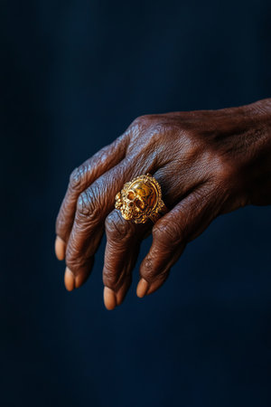 Captivating photography of a senior African American woman's hand wearing a vintage-style gold ring, beautifully contrasted against a dark navy blue background.の素材