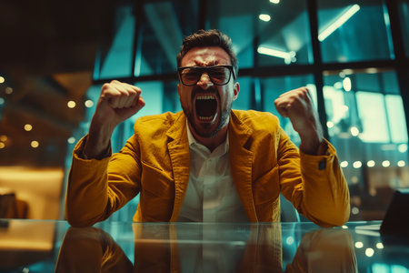 Young adult Caucasian man sitting at a glass desk, slamming his fist down in anger, yelling in frustration in a luxurious, modern office.の素材
