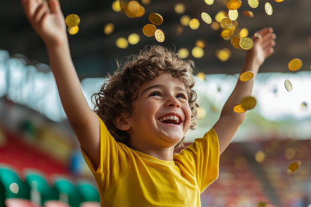 Preschooler Brazilian boy jumping with joy, arms raised as gold coins rain down in the football stands, wide smile on his face.の素材