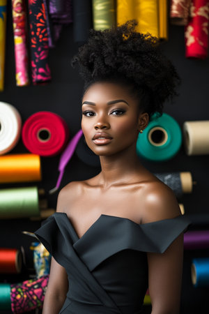 Young adult African American female fashion designer standing proudly among her fabric rolls and tools, exuding creativity in a modern studio with a striking black background.の素材