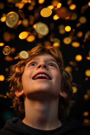 Teenager Caucasian boy looking up in amazement, gold coins swirling around him in the football stands, a wide smile on his face.の素材