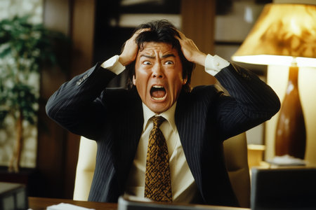 Middle-aged Japanese man, furiously shouting in a modern opulent office, hands on his head as he realizes heÃ¢â¬â¢s lost a fortune, sleek furniture around him.の素材