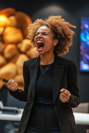 Young adult African American woman standing in a modern office, screaming in anger after losing a fortune, luxury decor and tech devices around.の素材