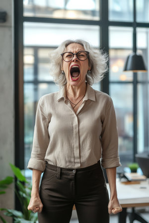 Senior Caucasian woman standing in front of a large window in a high-end office, yelling furiously, luxury office decor in the background.の素材