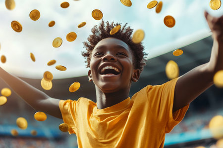 Teenager Black boy with an astonished smile, arms raised in joy as gold coins fly through the air around him in the football stands.の素材