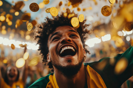 Young adult Brazilian man in football stands, laughing with surprise as gold coins rain down around him, vibrant crowd in the background.の素材