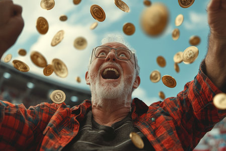 Senior Caucasian man in football stands, wide-eyed and overjoyed as gold coins fly around him in mid-air.の素材
