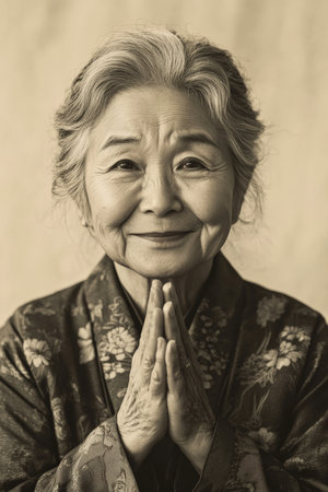 Senior Japanese woman with a warm, emotional smile, her hands softly clasped together in gratitude, set against a serene light yellow background.の素材