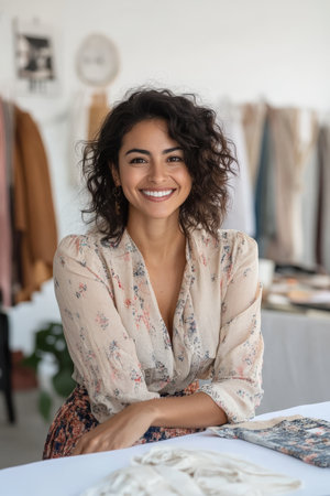 Young adult Hispanic female fashion designer smiling as she reviews her latest collection in her chic workspace, adorned with trendy decor and a white background.の素材