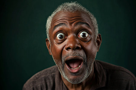 Middle-aged African American granddad with wide, expressive eyes full of surprise and happiness, set against a dark green background, creating a dramatic contrast.の素材