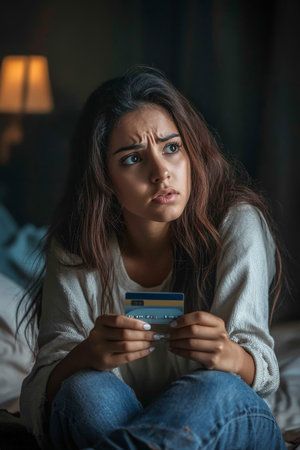 Young adult Hispanic woman sitting on the floor, leaning against her bed, clutching her credit card with a look of fear.の素材