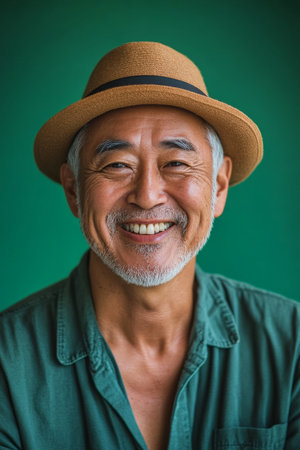 Cheerful senior Japanese man, softly smiling with a hat, green background, reflecting calmness and warmth, ideal for a social media avatar.の素材