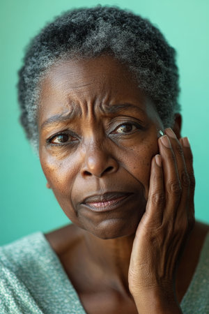 Senior African American woman with an emotional look of appreciation, gently wiping away a tear of joy, captured in front of a pastel green background.の素材