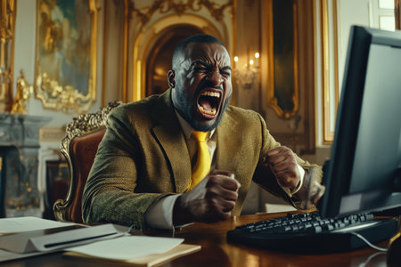 Middle-aged Black man in a luxurious office, face twisted with anger, yelling at the screen, opulent decor filling the space.の素材