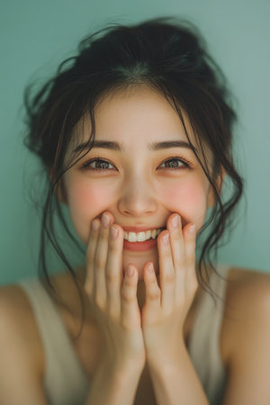 Young adult Japanese woman smiling with watery eyes, her hands softly covering her mouth in a moment of pure gratitude, against a pale green background.の素材