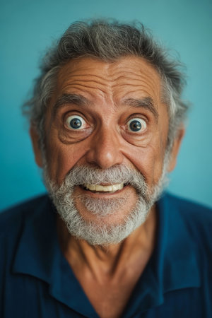 Middle-aged Brazilian granddad with big, shocked eyes and a playful grin, captured against a soft blue background, showing his humorous reaction.の素材