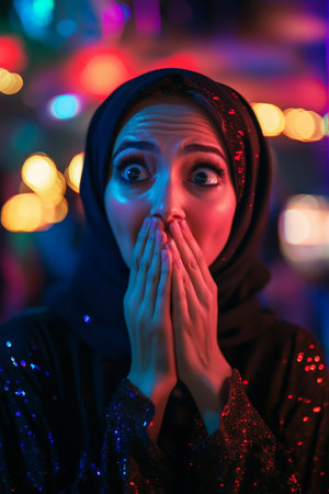 Young adult Arabian woman wearing a fashionable outfit, hands over her mouth in shock, vibrant atmosphere at an exclusive party.の素材