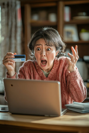 Senior Japanese woman sitting at a kitchen table, credit card and laptop in front of her, looking panicked as she stars at the screen.の素材