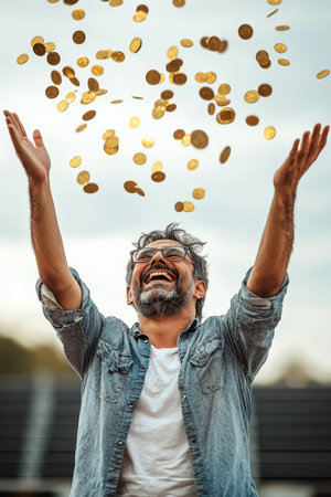 Middle-aged Hispanic man in football stands, arms raised high, laughing in surprise as gold coins fly through the air.の素材