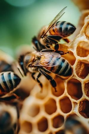 A captivating close-up of bees huddling around one bee on a honeycomb, highlighting the delicate structure of the honeycomb and the vivid details of the bees' bodies.の素材
