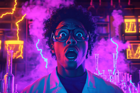 A young African American scientist, overwhelmed with surprise, in a neon-lit lab with flashes of lightning and plumes of smoke, standing in front of colorful experiments gone right.の素材