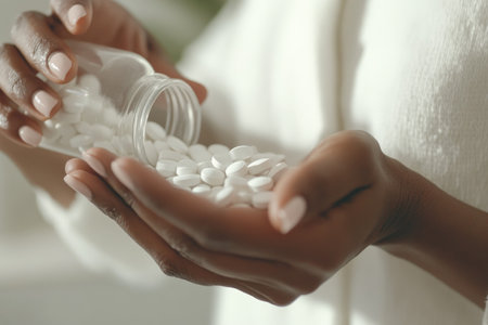 A close-up of a middle-aged Black woman gently pouring white oblong pills from a glass bottle into her hand, with focus on the hands and medication, against a soft white background.の素材