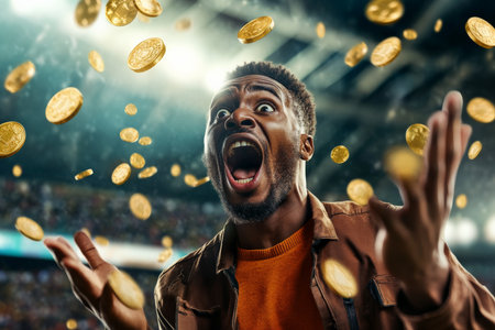Middle-aged Black man standing in football stands, hands up with a shocked and happy expression as gold coins fly around him.の素材