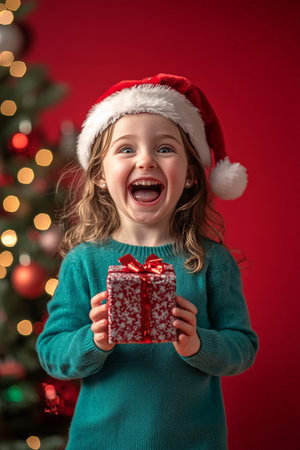 Preschooler Caucasian girl excitedly holding a gift in front of a Christmas tree, wearing a Santa hat, holiday spirit against a red background.の素材
