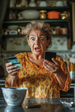 Middle-aged Brazilian woman standing in front of a kitchen counter, wide-eyed in shock, credit card in one hand, phone in the other.の素材